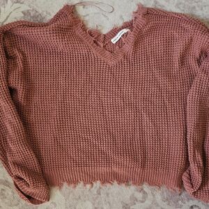 moon & madison V-Neck Frayed Hem Sweater - Mauve